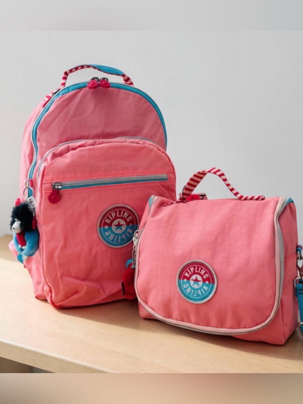 Kipling Coral Pink Laptop 15” Backpack and Matching Kichirou Lunch Bag Set